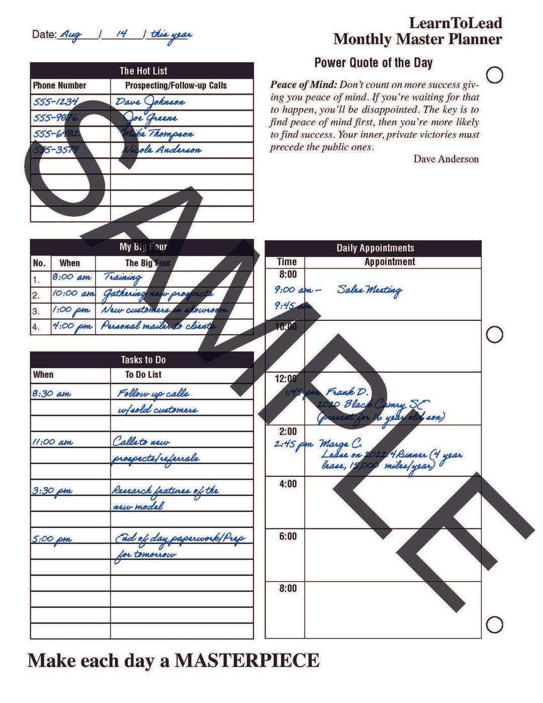 Dave Anderson's Monthly Master Planner